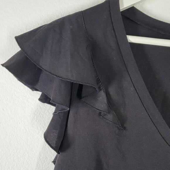 Zara Ruffle Sleeve T Shirt Black Sz Medium 100% Cotton - Picture 2 of 9